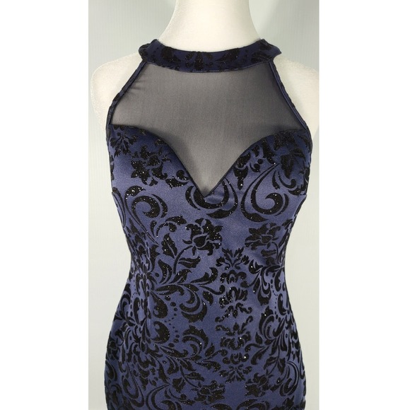 Honey & Rose Halter Mini Dress Party Cocktail Bodycon Floral Velvet Navy Blue - Picture 5 of 9